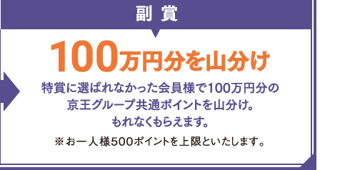 副賞 100万円分を山分け 特賞に選ばれなかった会員様で100万円分の京王グループ共通ポイントを山分け。もれなくもらえます。※お一人様500ポイントを上限といたします。