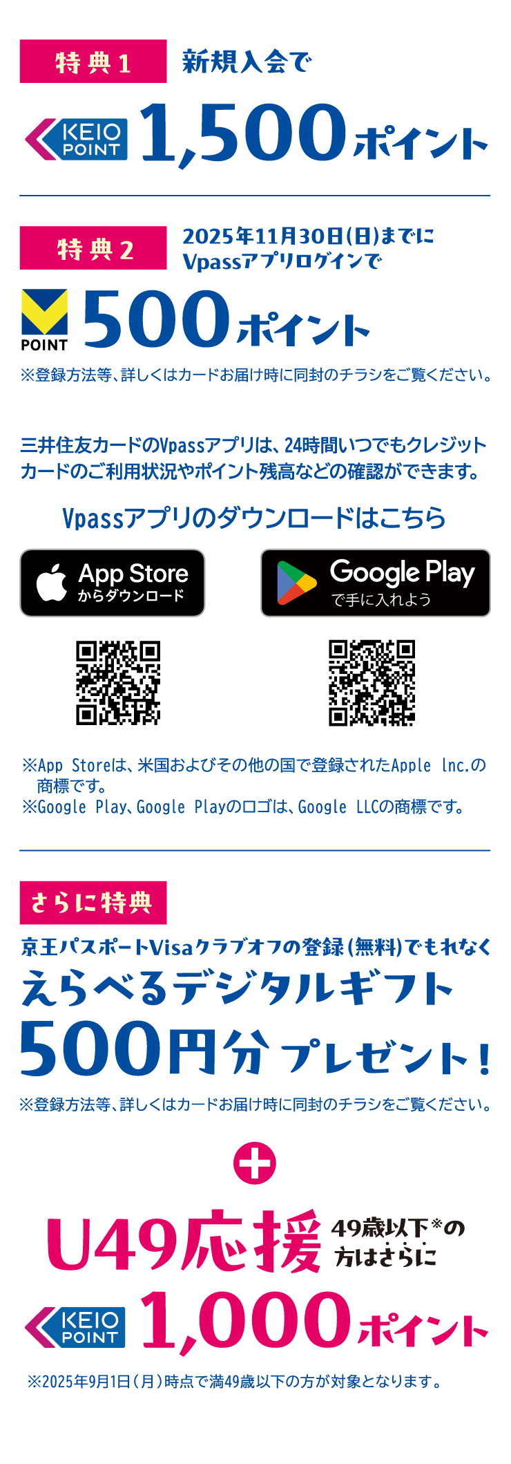 特典1 新規入会で1,500ポイント | 特典2 2025年11月30日(日)までにVpassアプリログインで500ポイント | さらに特典 京王パスポートVisaクラブオフの登録(無料)でもれなくえらべるデジタルギフト500円分プレゼント! | U49応援 49歳以下※の方はさらに1,000ポイント