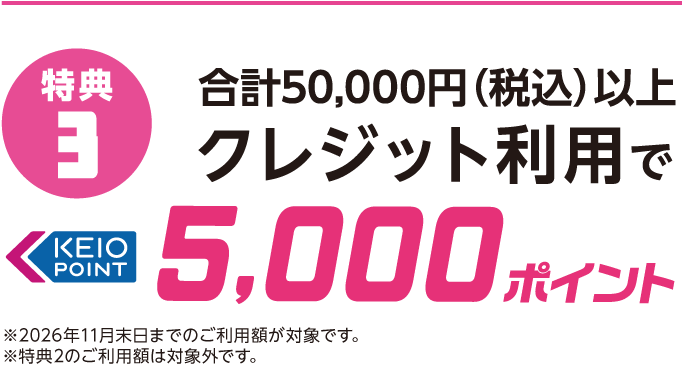 特典3 合計50,000円(税込)以上クレジット利用で5,000ポイント