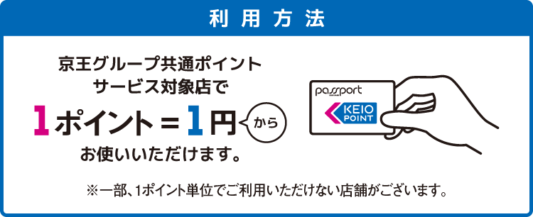 利用方法:京王グループ共通ポイントサービス対象店で1ポイント1円からお使いいただけます。※一部、1ポイント単位でご利用いただけない店舗がございます。