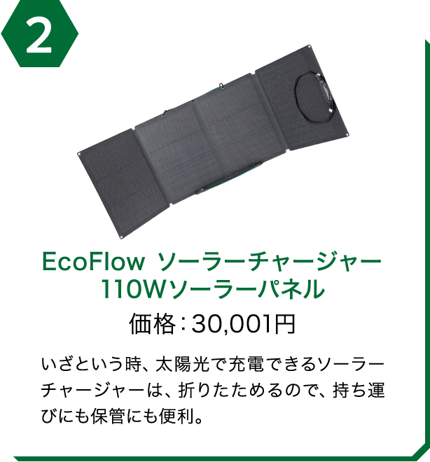 EcoFlow ソーラーチャージャー 110Wソーラーパネル　価格：30,001円　いざという時、太陽光で充電できるソーラーチャージャーは、折りたためるので、持ち運びにも保管にも便利。